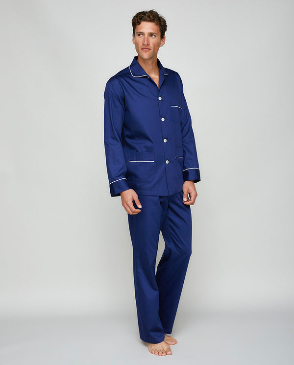 Pijama largo de algodón satinado azul marino