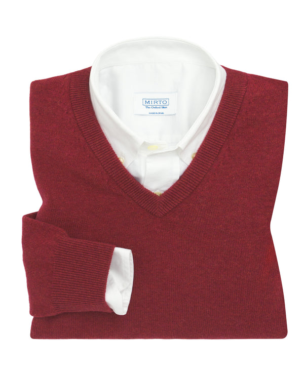 Jersey de punto "Lambswool" cuello pico burdeos