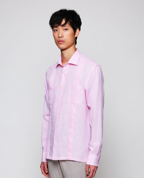 Guayamisa lino manga larga dos bolsillos rosa