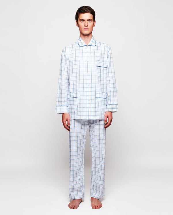 Pijama largo de algodón cuadros blanco y azul by M