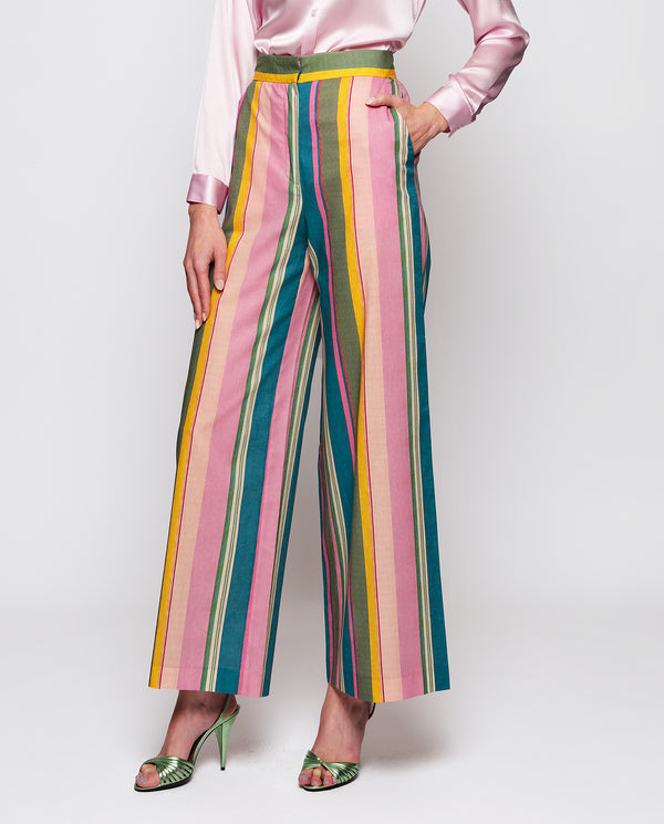 Pantalón de algodón y lino rayas multicolor by MIR