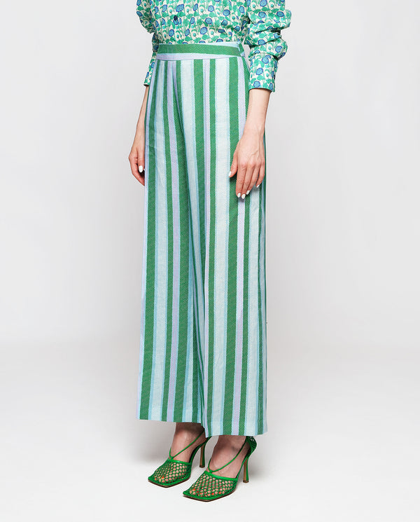 Pantalón de lino rayas azul y verde by MIRTO