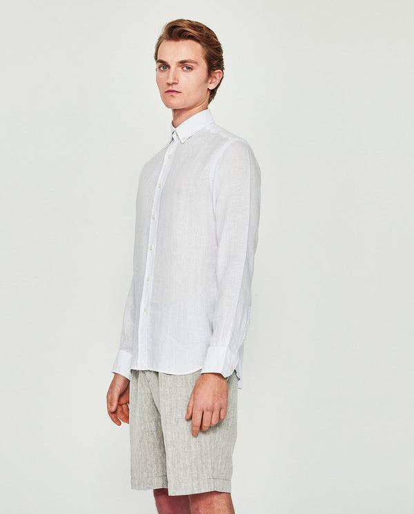 Camisa casual lisa manga larga de lino blanco by M