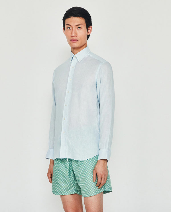 Camisa casual lisa manga larga de lino azul by MIR
