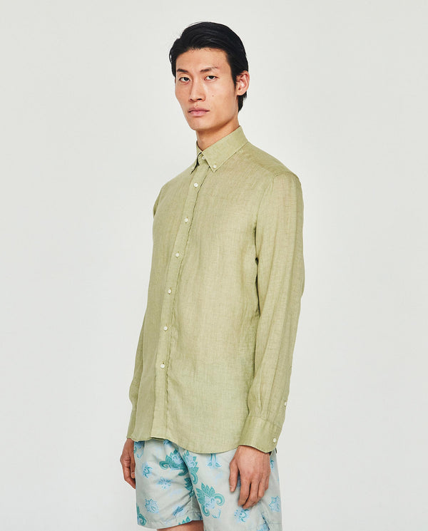 Camisa casual lisa manga larga de lino camel by MI