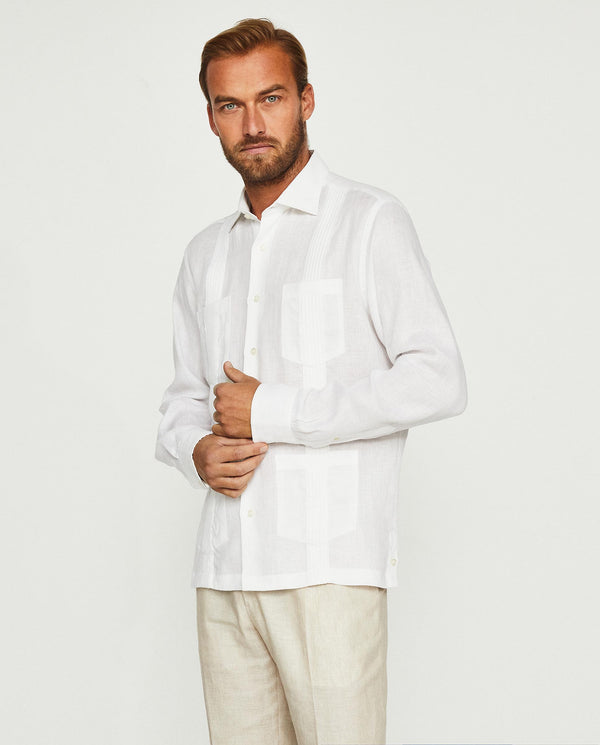 Guayabera lino manga larga cuatro bolsillos blanca