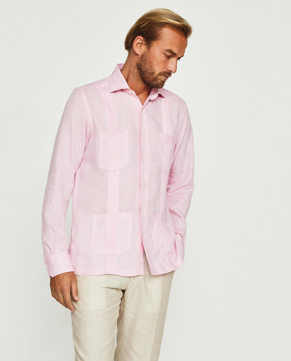 Guayabera lino manga larga cuatro bolsillos rosa