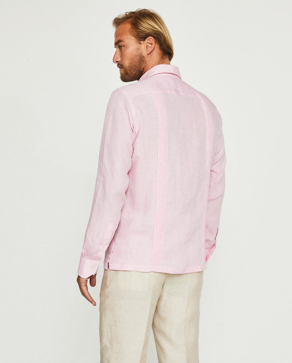 Guayabera lino manga larga cuatro bolsillos rosa