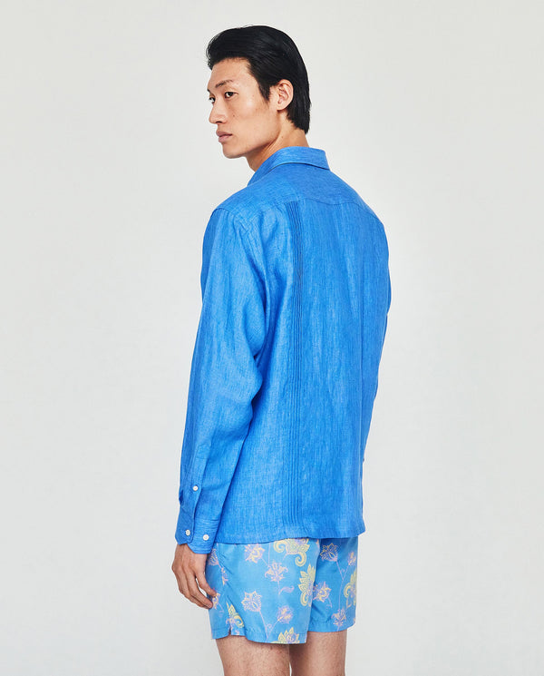 Guayabera lino manga larga cuatro bolsillos azul royal