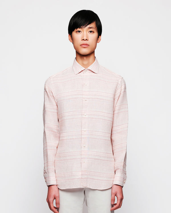 Camisa casual de lino rayas rosa y blanco by MIRTO