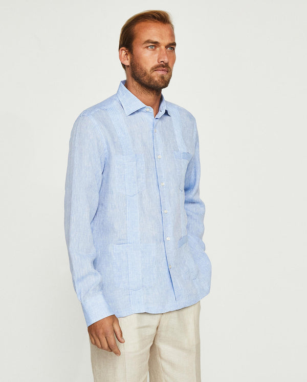 Guayabera lino manga larga 4 bolsillos azul Big&Tall